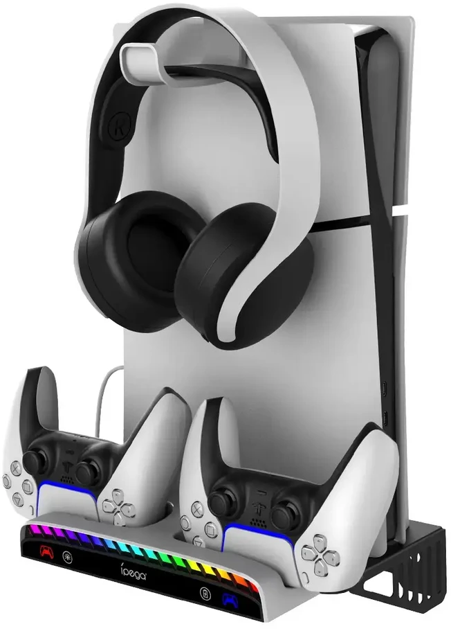 „iPega P5S011“ sieninis laikiklis, skirtas PS5/PS5 Slim/PS5 Pro, su dvigubu įkrovimo doku PS5 pulteliui