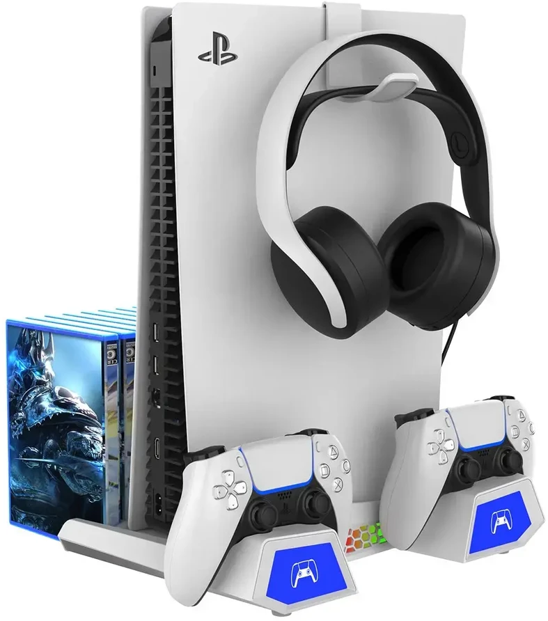 „iPega P5S023“ daugiafunkcis įkrovimo RGB stovas su aušinimu, skirtas PS5/PS5 Slim/PS5 Pro, baltas (pažeista pakuotė)