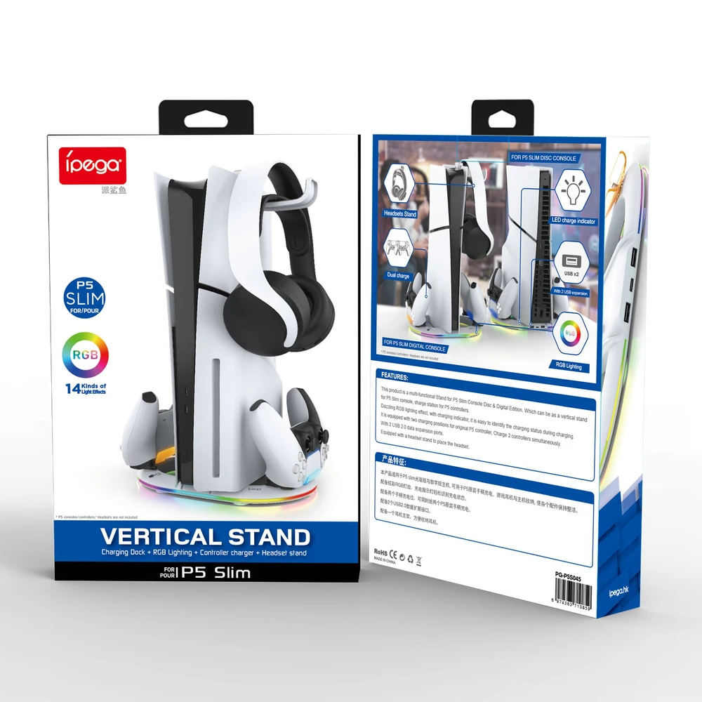 Ausinės iPega P5S045 Vertical Charging Stovas su RGB skirta PS5 Slim/PS5 Pro Baltas (Damage Package)