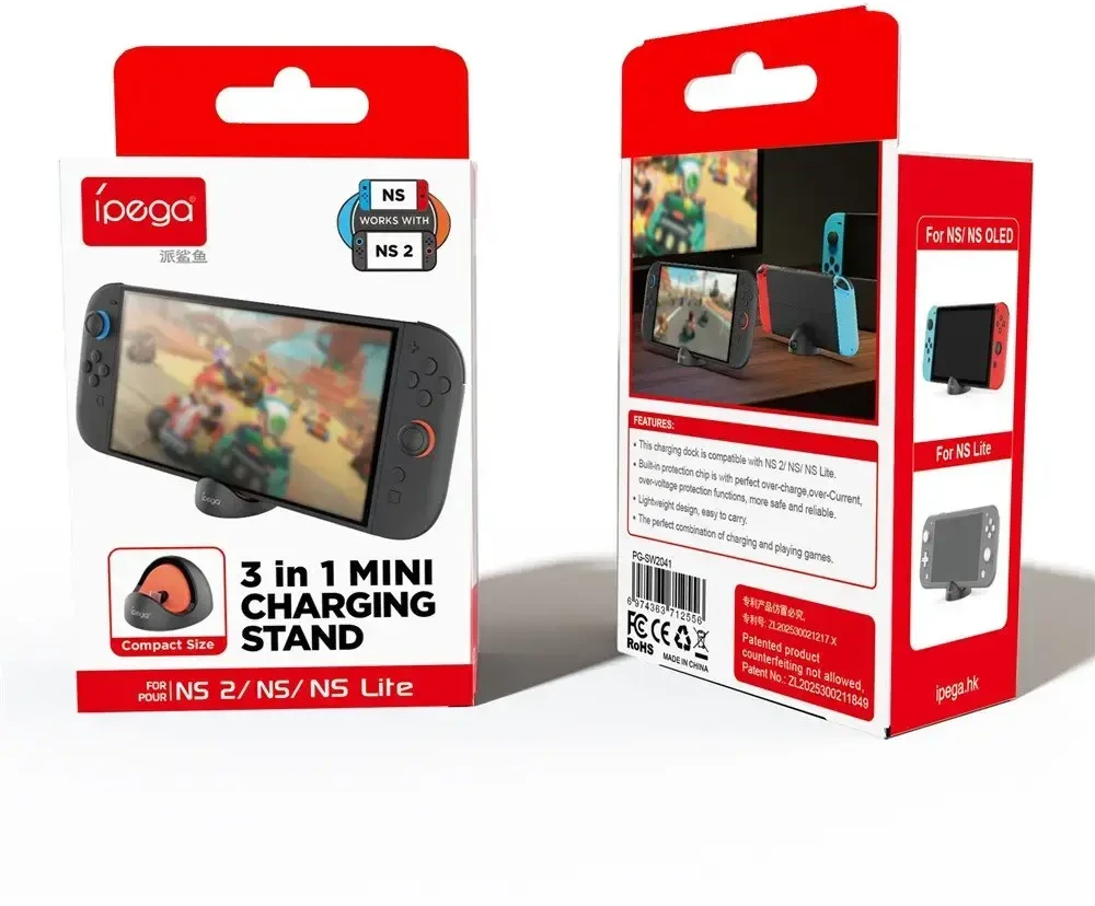 „iPega SW2041“ mini įkroviklio stotelė, skirta „Switch Lite“ / „Nintendo Switch“ / „Nintendo Switch 2“, juoda / raudona