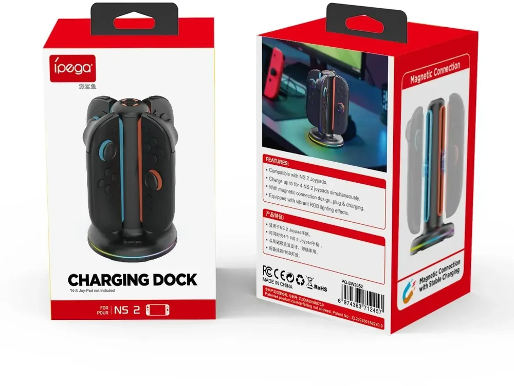 „iPega SW2052“ įkroviklio stotelė su RGB šviesa, skirta „JoyCon“ valdikliams, „Nintendo Switch 2“, juoda