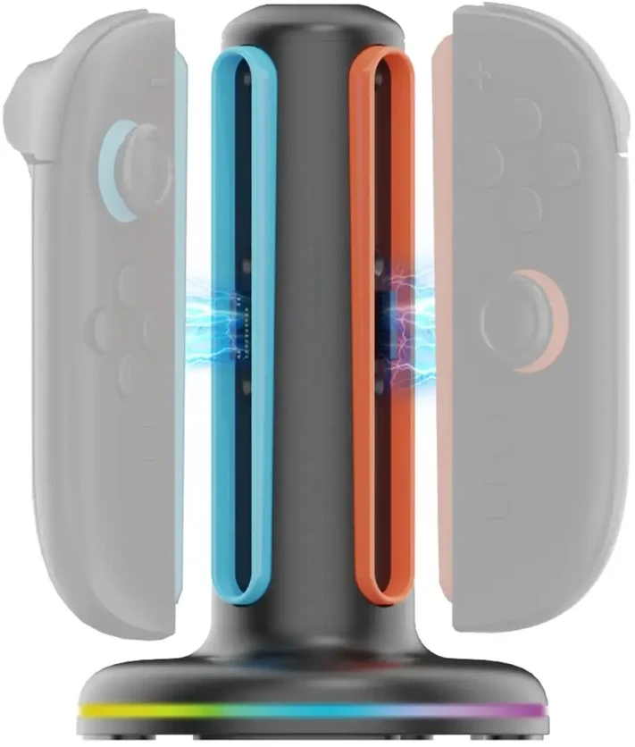 „iPega SW2052“ įkroviklio stotelė su RGB šviesa, skirta „JoyCon“ valdikliams, „Nintendo Switch 2“, juoda