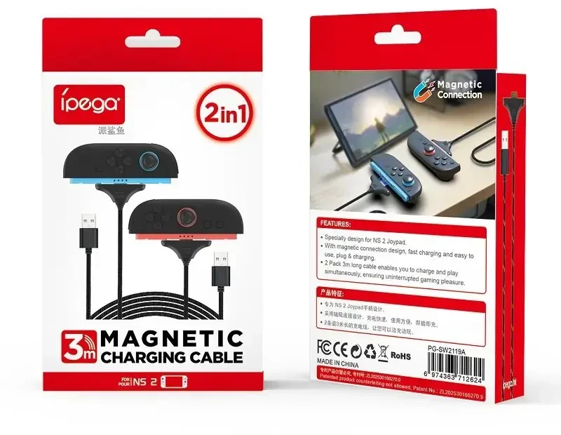 „iPega SW2119A“ įkrovimo laidas (3 m, 2 vnt.), skirtas „JoyCon“ valdikliui „Nintendo Switch 2“, raudonas/mėlynas
