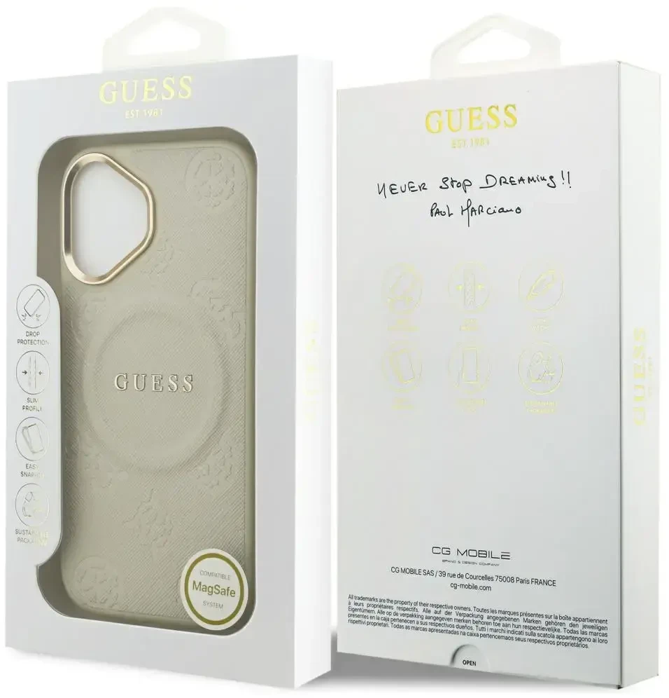 Dėklas Guess Peony Hot Stamp MagSafe skirtas Apple iPhone 17 beige