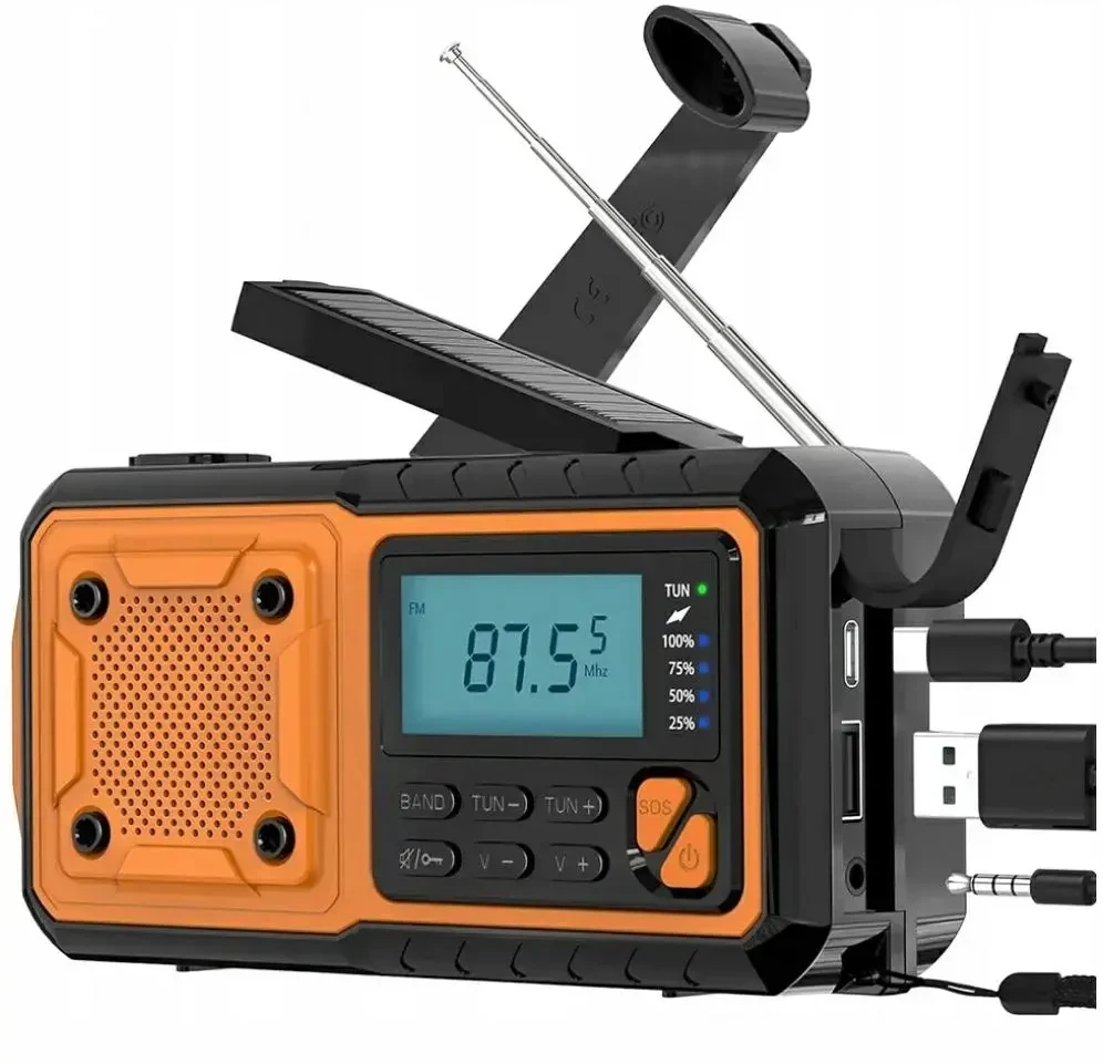 IPX3 AM/FM avarinis radijas su rankine alkūne, žibintuvėliu, išorine baterija ir saulės baterija