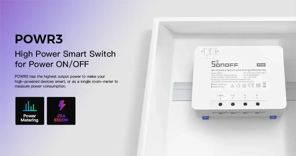 Sonoff Pow R3 1-kanalo išmani relė valdoma WiFi su energijos sunaudojimo matavimo funkcija - 230VAC 5500W