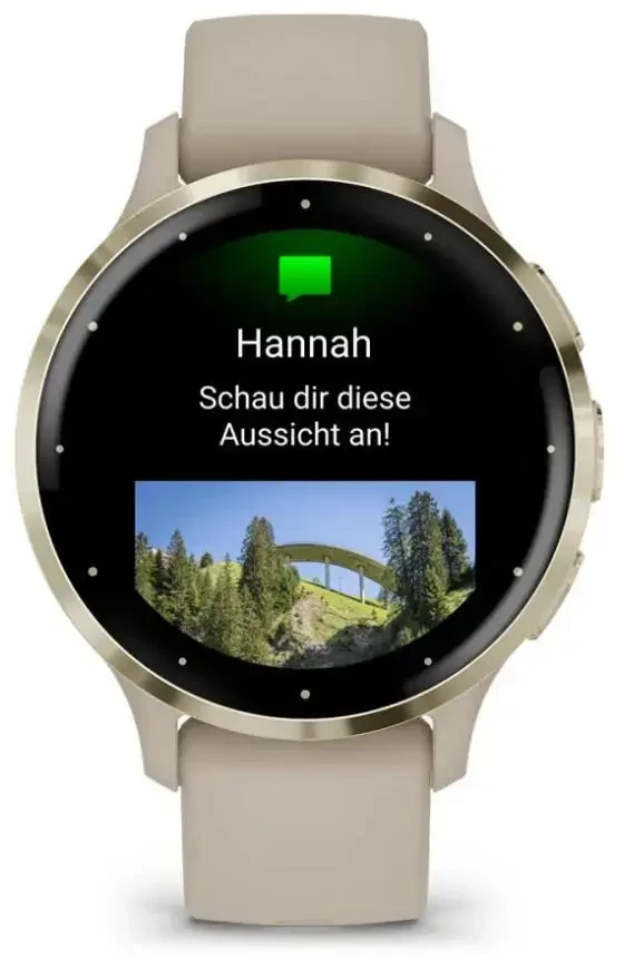 Išmanusis laikrodis GarminVenu® 3S, Šviesaus aukso spalvos nerūdijančiojo plieno apvadas su smėlio spalvos silikoniniu dirželiu