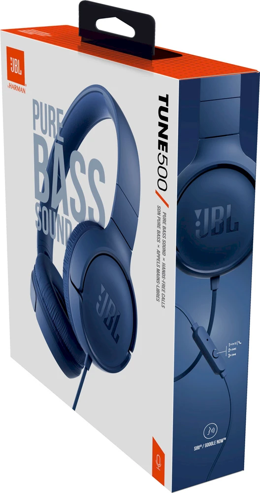Lengvos ir patogios Ausinės JBL Tune 500 Pure Bass sound su mikrofonu mėlynos