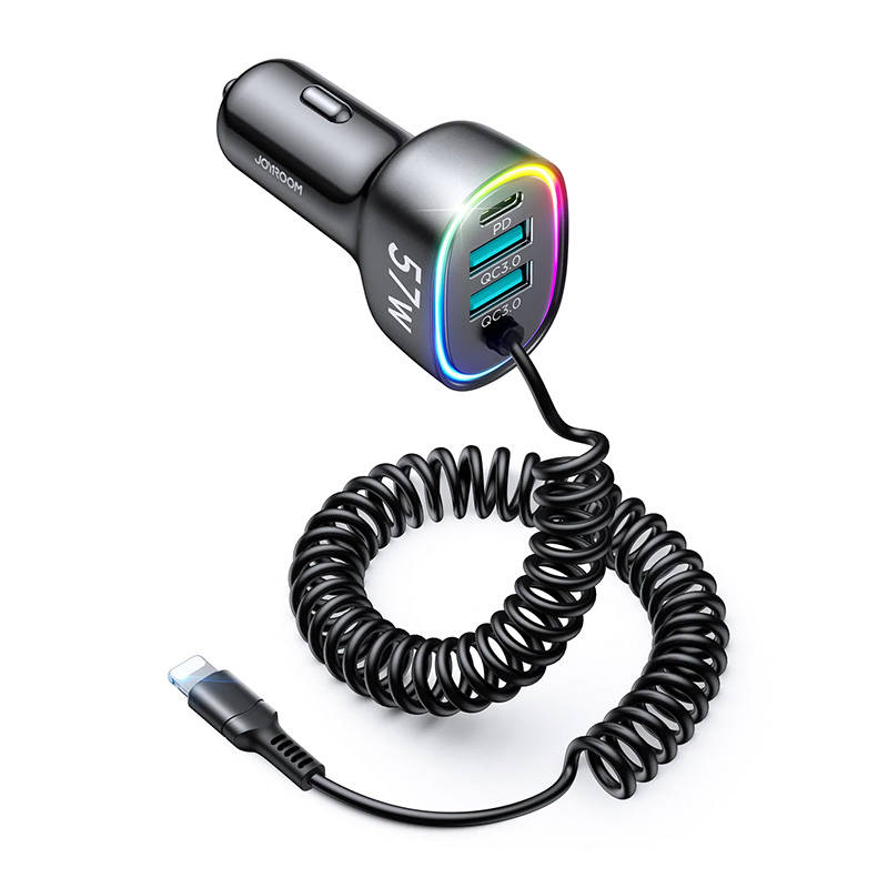 Automobilinis įkroviklis Joyroom JR-CL20, 2x USB + 2x Lightning, 57W + Lightning laidas (juodas)