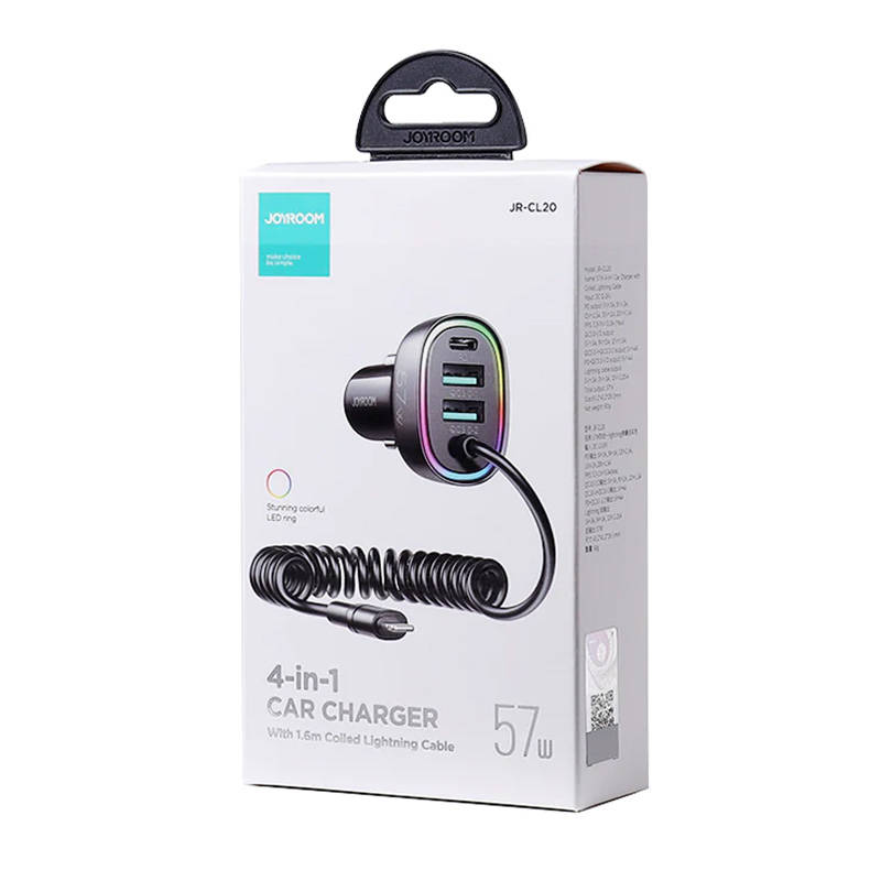 Automobilinis įkroviklis Joyroom JR-CL20, 2x USB + 2x Lightning, 57W + Lightning laidas (juodas)