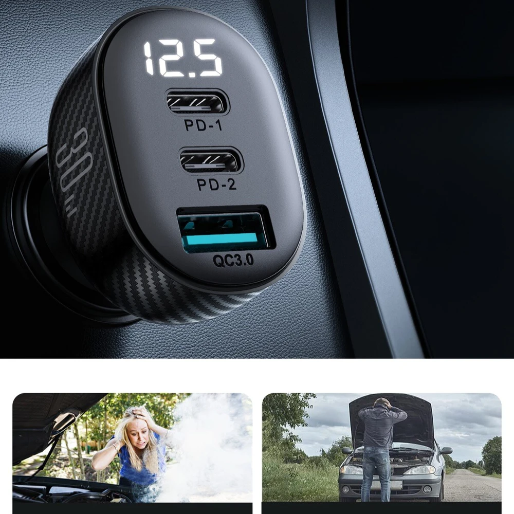 Automobilinis įkroviklis Joyroom JR-CCD04 2xUSB-C/USB-A 30W juodas