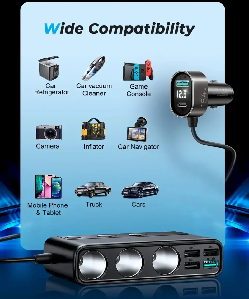 Automobilinis įkroviklis Joyroom 9in1 154W 3x12V, PD USB Type-C, QC3.0 USB-A, 4xUSB-A JR-CL06