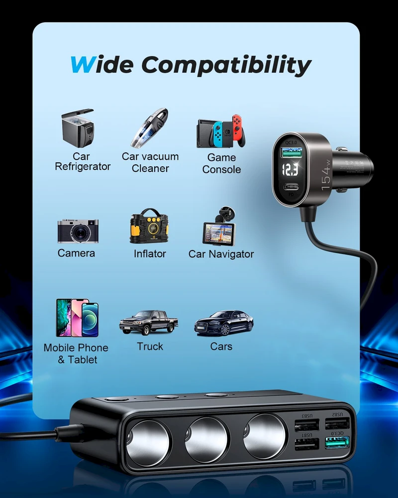 Automobilinis įkroviklis Joyroom 9in1 154W 3x12V, PD USB Type-C, QC3.0 USB-A, 4xUSB-A JR-CL06