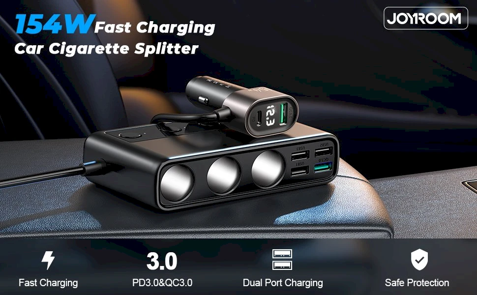 Automobilinis įkroviklis Joyroom 9in1 154W 3x12V, PD USB Type-C, QC3.0 USB-A, 4xUSB-A JR-CL06