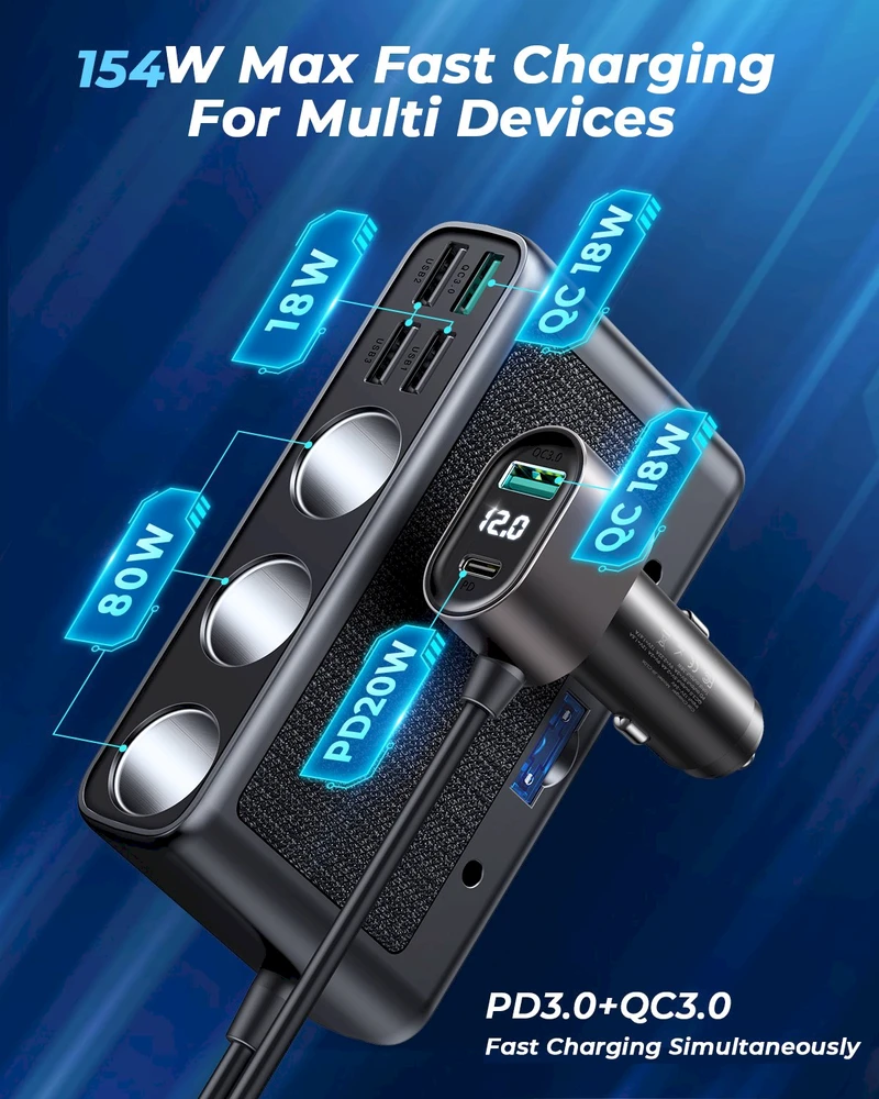 Automobilinis įkroviklis Joyroom 9in1 154W 3x12V, PD USB Type-C, QC3.0 USB-A, 4xUSB-A JR-CL06