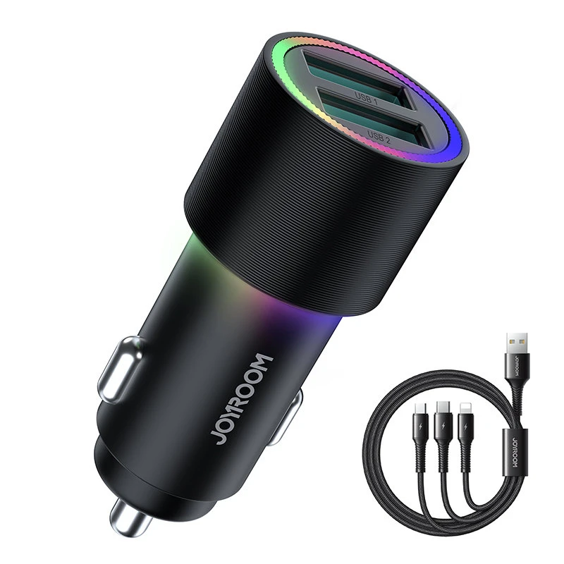 Įkroviklis automobilinis Joyroom JR-CL10 LED 2xUSB 24W + 3in1 USB Type-C/microUSB/Lightning 1.2m juodas