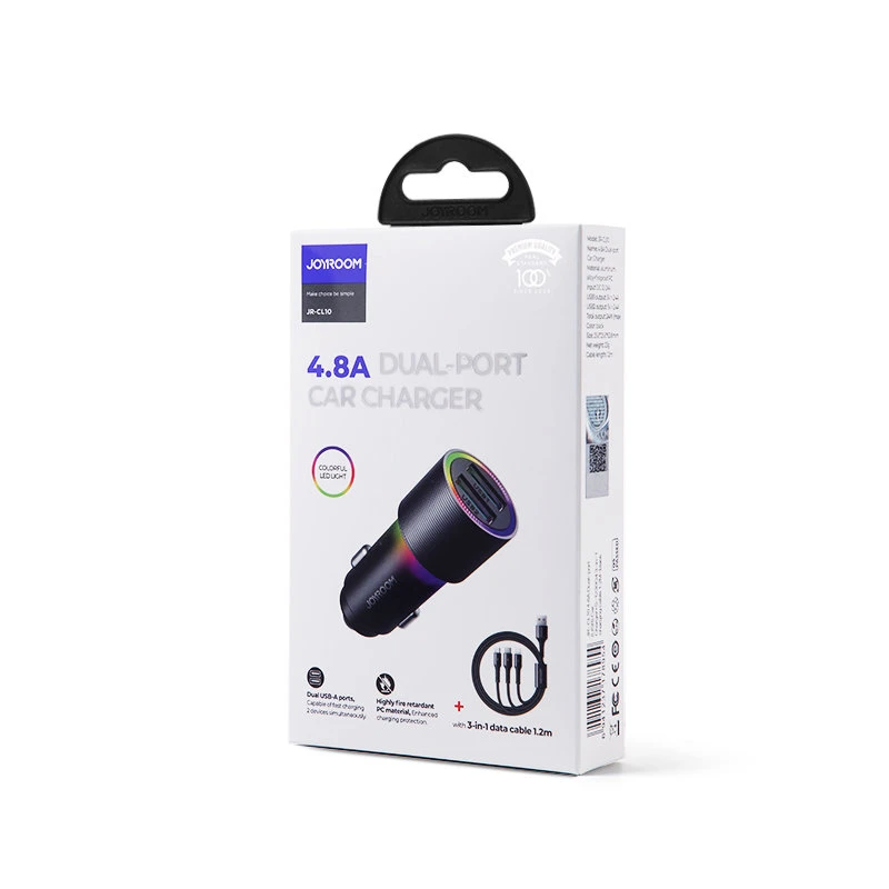 Įkroviklis automobilinis Joyroom JR-CL10 LED 2xUSB 24W + 3in1 USB Type-C/microUSB/Lightning 1.2m juodas
