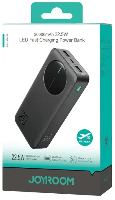 Joyroom JR-PBF14 Pro išorinė baterija 22,5 W 20000 mAh su skaitmeniniu ekranu 2x USB-A 1x USB-C - juoda