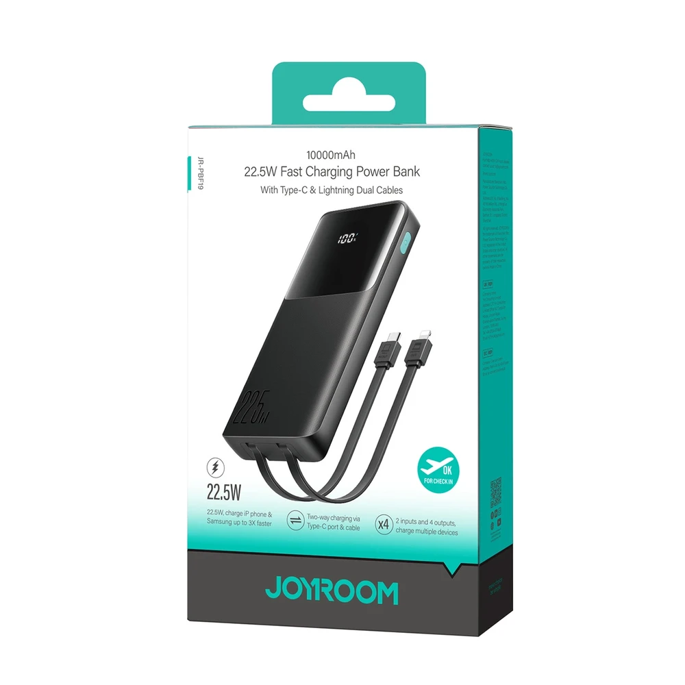 Joyroom JR-PBF19 22.5W 10000mAh Powerbank with Two Built-in Cables – juodos spalvos