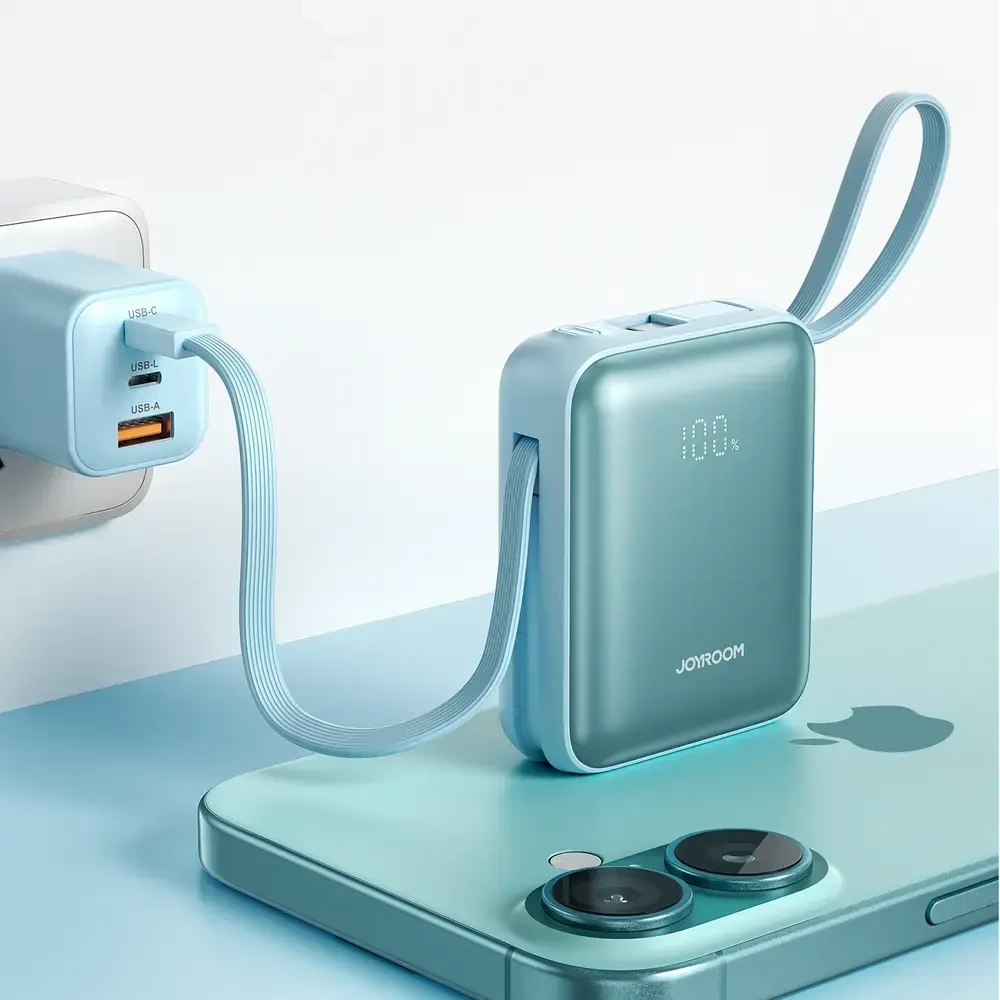 Joyroom JR-PBF27 22.5W 10000mAh Powerbank su dviem integruotais kabeliais – mėlynos spalvos