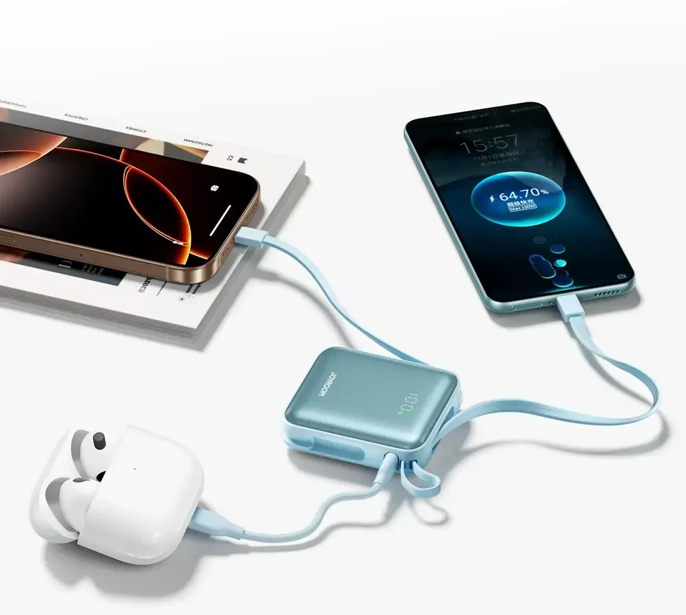Joyroom JR-PBF27 22.5W 10000mAh Powerbank su dviem integruotais kabeliais – mėlynos spalvos