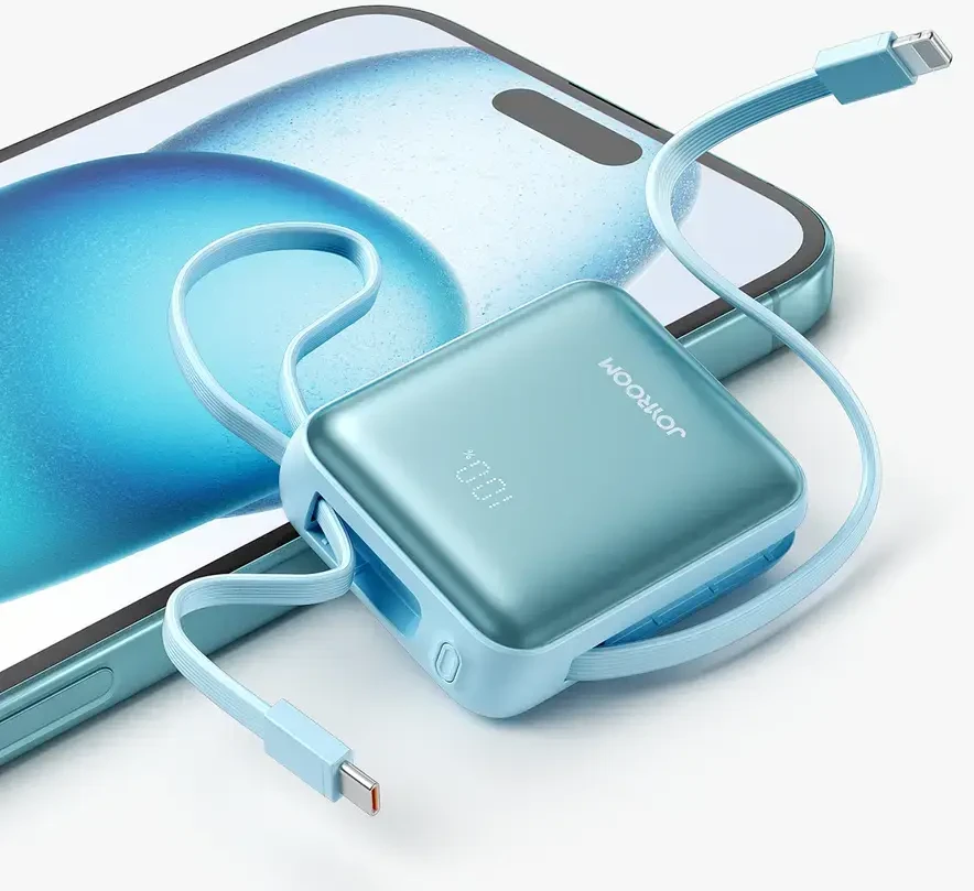 Joyroom JR-PBF27 22.5W 10000mAh Powerbank su dviem integruotais kabeliais – mėlynos spalvos