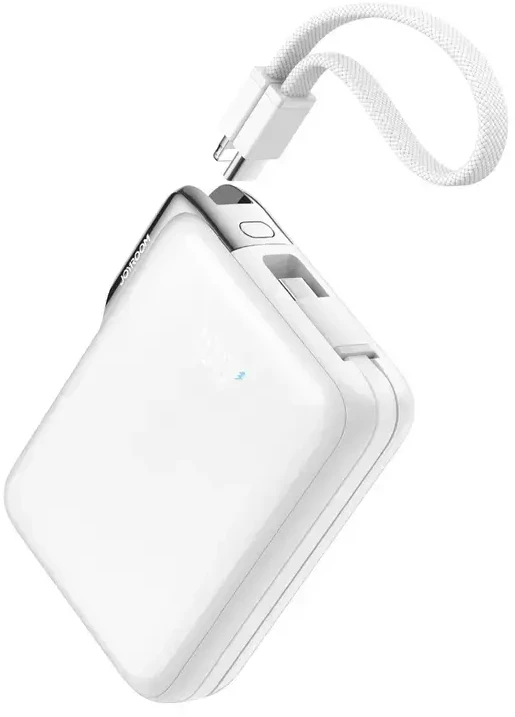 Joyroom JR-PBF27 Pro 10000mAh 30W išorinė baterija su integruotu USB-C laidu ir papildomu dvikrypčiu USB-C–Lightning laidu – balta