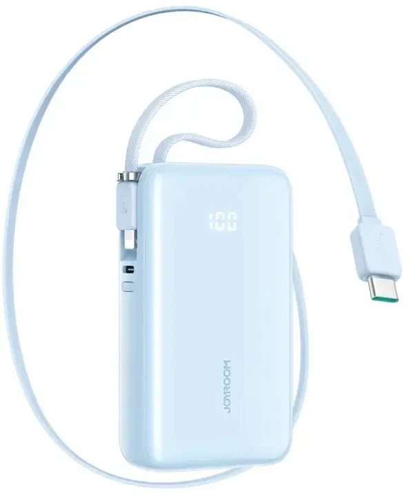 Joyroom JR-PR2L 10000mAh 35W išorinė baterija su integruotu ištraukiamu USB-C laidu ir „Lightning“ laidu ant virvelės - Mėlyna