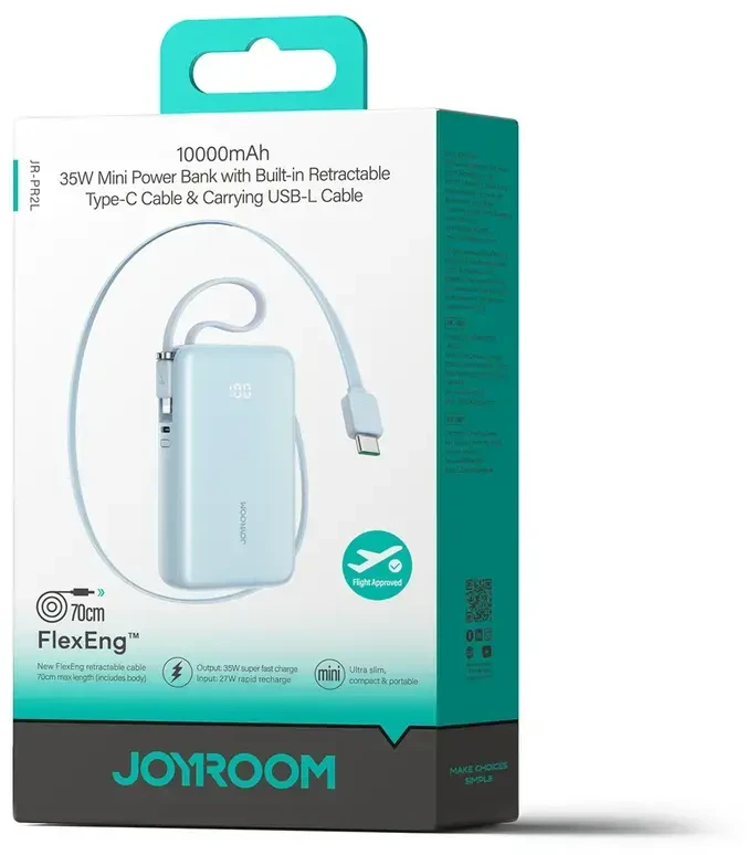 Joyroom JR-PR2L 10000mAh 35W išorinė baterija su integruotu ištraukiamu USB-C laidu ir „Lightning“ laidu ant virvelės - Mėlyna