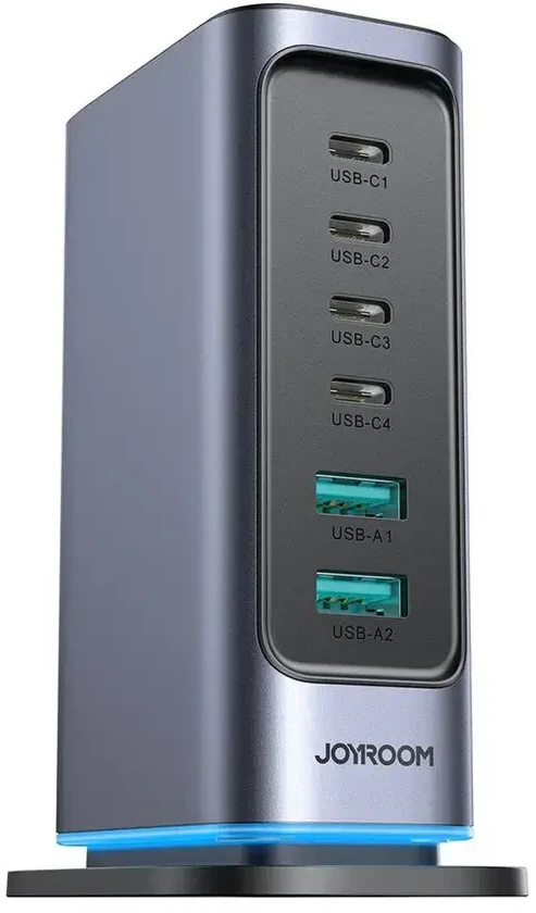 Įkroviklis Joyroom JR-TCM02 GaN 65W 4xUSB-C 2xUSB-A kištukas UK – pilkos spalvos