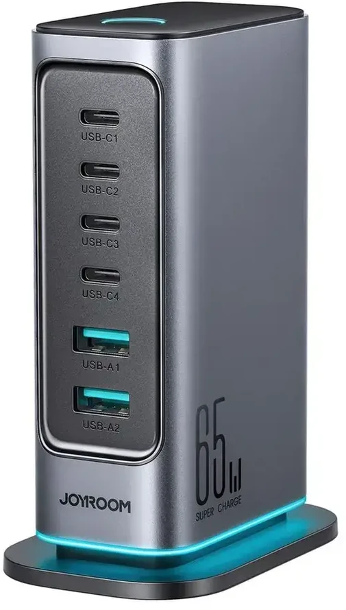 Įkroviklis Joyroom JR-TCM02 GaN 65W 4xUSB-C 2xUSB-A kištukas UK – pilkos spalvos