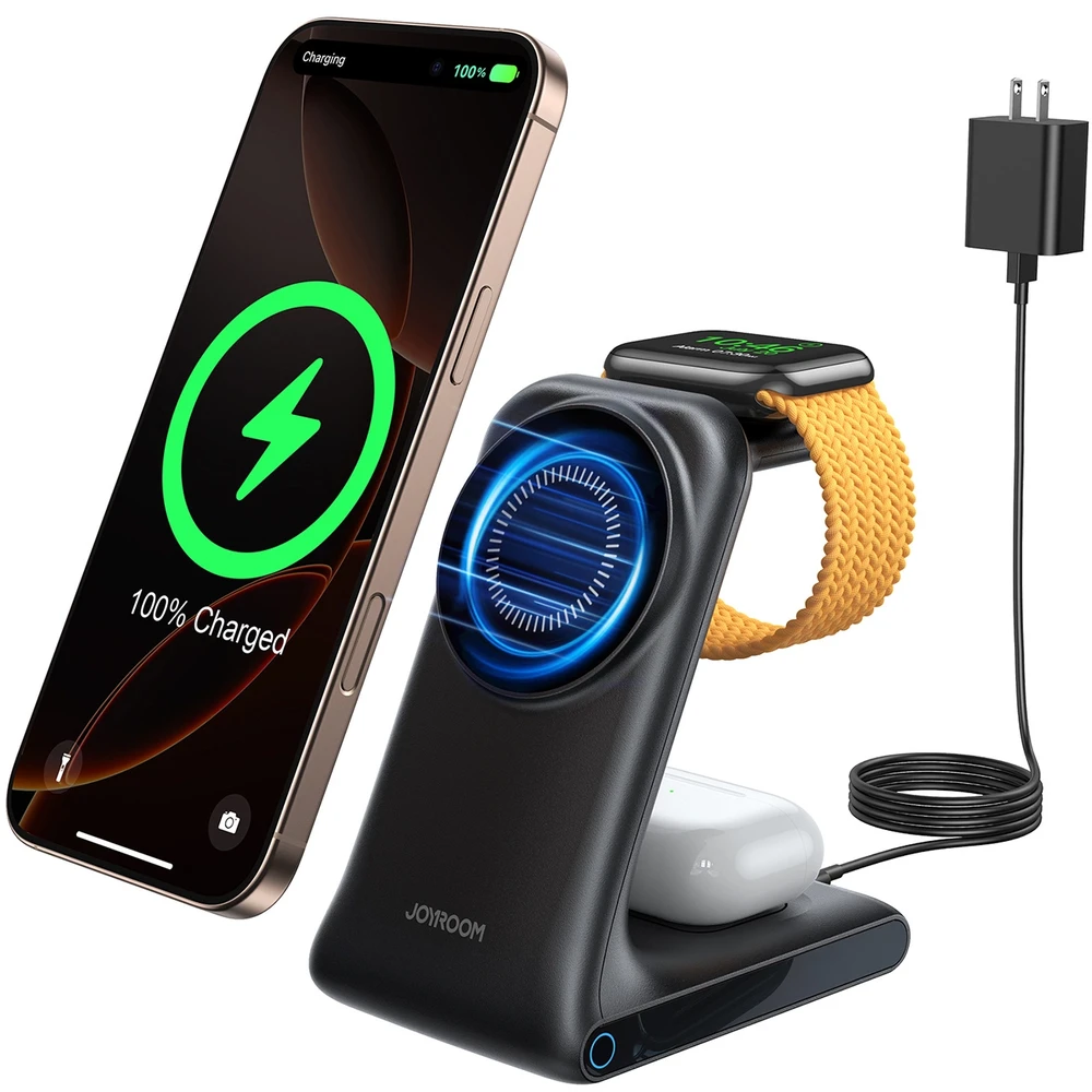 Joyroom JR-W15 belaidis įkroviklis 3 viename įkrovimo stotelė su MagSafe – juodos spalvos