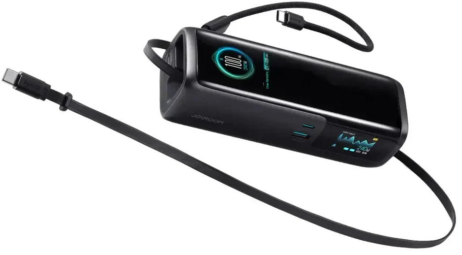 Joyroom PODIX PR70 25000mAh maitinimo blokas iki 240W su dviem įmontuotais USB-C kabeliais ir dviem TFT ekranais – pilkas