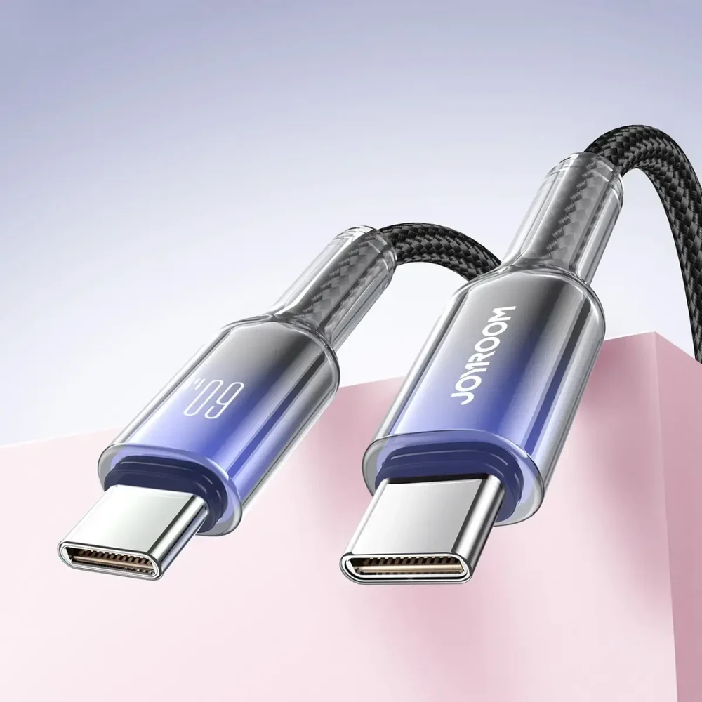 Joyroom S-A42 Crystal-Clear serijos duomenų perdavimo ir įkrovimo kabelis | USB-C į USB-C | 60W | 1,2 m | juodas