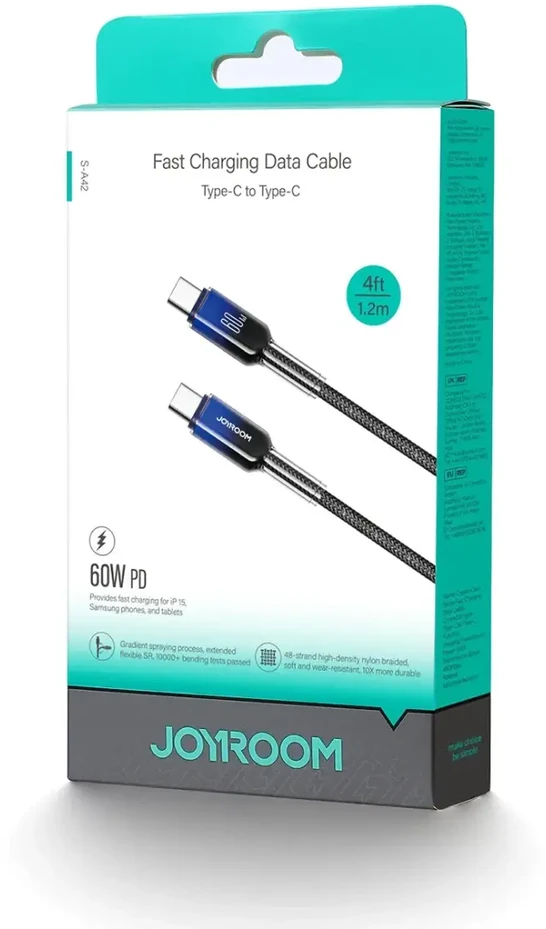 Joyroom S-A42 Crystal-Clear serijos duomenų perdavimo ir įkrovimo kabelis | USB-C į USB-C | 60W | 1,2 m | juodas
