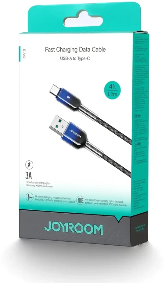 Joyroom S-A42 Crystal-Clear serijos duomenų perdavimo ir įkrovimo kabelis | USB-A į USB-C | 15 W | 1,2 m | juodas