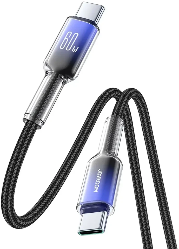 Joyroom S-A42 Crystal-Clear serijos duomenų perdavimo ir įkrovimo kabelis | USB-C į USB-C | 60W | 1,2 m | juodas