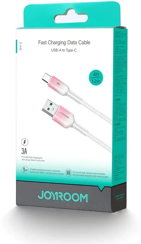 Joyroom S-A42 Crystal-Clear serijos duomenų perdavimo ir įkrovimo kabelis | USB-A į USB-C | 15 W | 1,2 m | balta