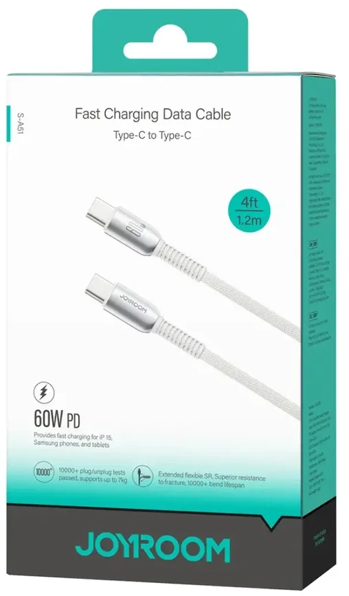 Joyroom S-A51 Cutting-Edge serijos duomenų perdavimo ir įkrovimo kabelis | USB-C į USB-C | 60W | 1,2 m | pilkas