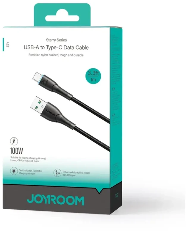 Joyroom Starry serijos SA32-AC6 duomenų perdavimo ir įkrovimo kabelis | USB-A į USB-C | 100W | 1m | juodas