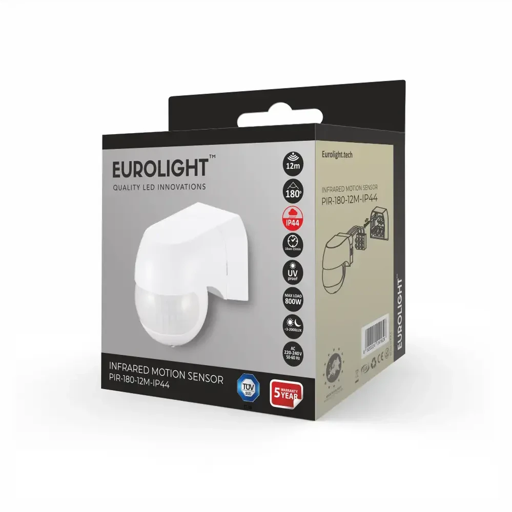 Judesio daviklis, PIR, 12m 800W 180° IP20 sieninis Eurolight