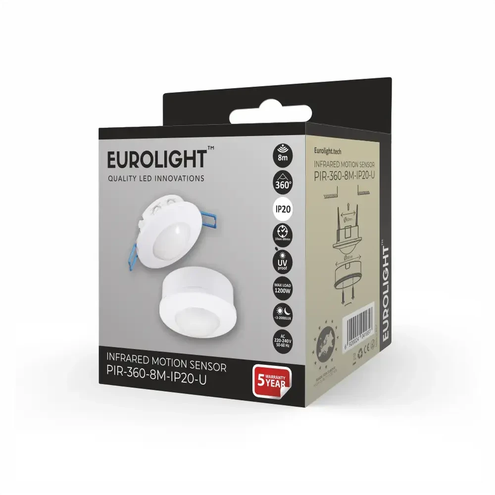 Eurolight Judesio daviklis, PIR, 8m 2000W 360° IP20 virštinkinis/įleidžiamas