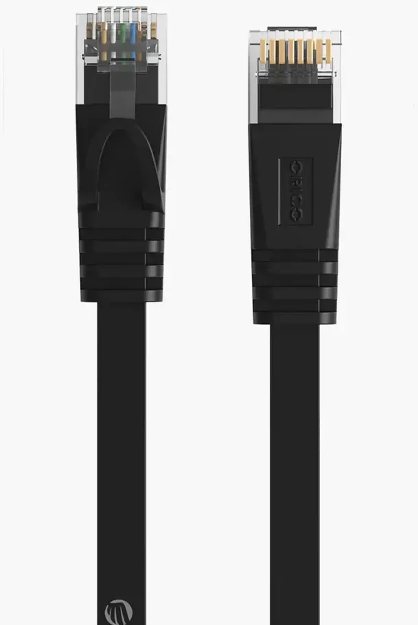 Ethernet tinklo kabelis Orico PUG-C7B CAT7 10Gbps RJ45 interneto LAN plokščias 8 m – juodos spalvos