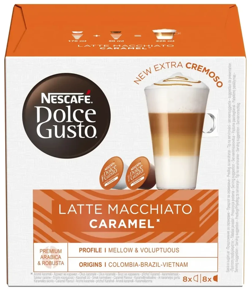 Nescafe Kavos kapsulės DOLCE GUSTO LATTE MACCHIATO CARAMEL, 8+8 vnt.