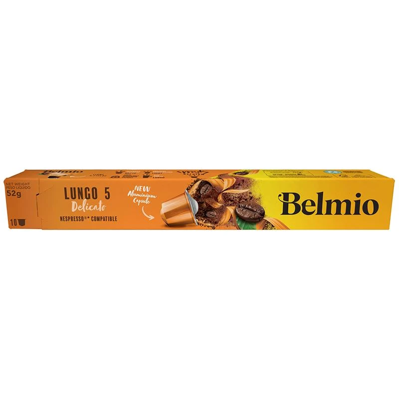 Belmoca Belmio Sleeve Lungo Delicato kavos kapsulės Nespresso kavos aparatams, 10 aliuminio kapsulių, Kavos stiprumas 5/12