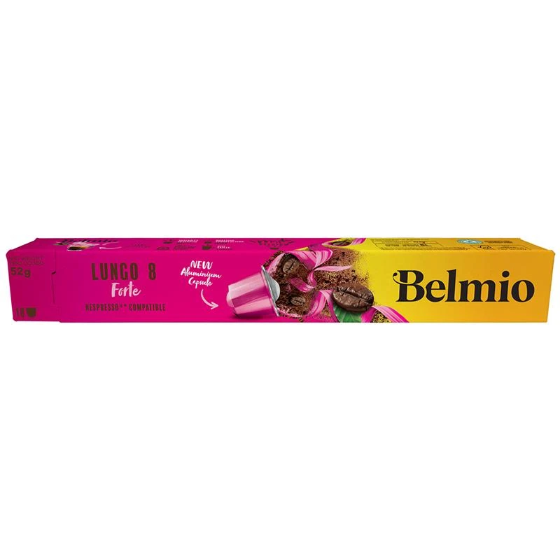Belmoca Belmio Sleeve Lungo Forte Kavos kapsulės Nespresso kavos aparatams, 10 kapsulių, Kavos stiprumas 8/12, 100 % Arabica, 52 g