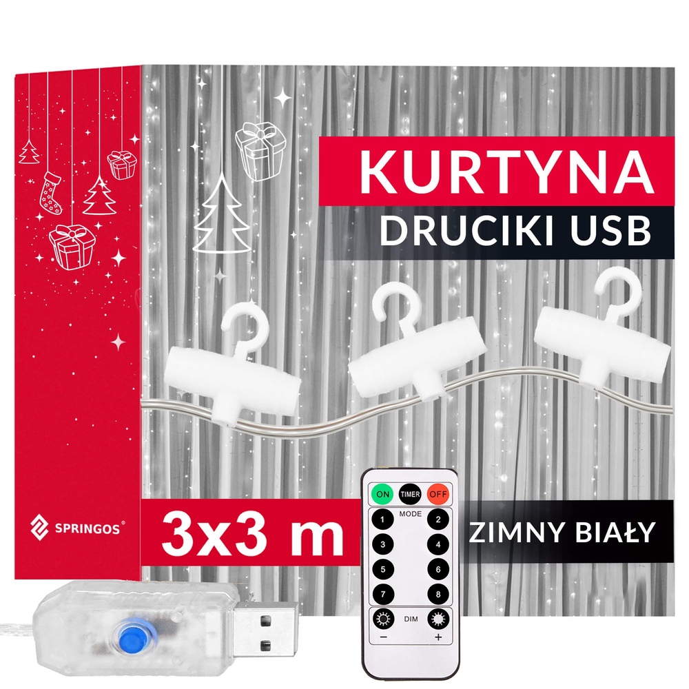 Kalėdinės užuolaidinės lemputės Springos 300 LED, 3x3 m, šaltai balta