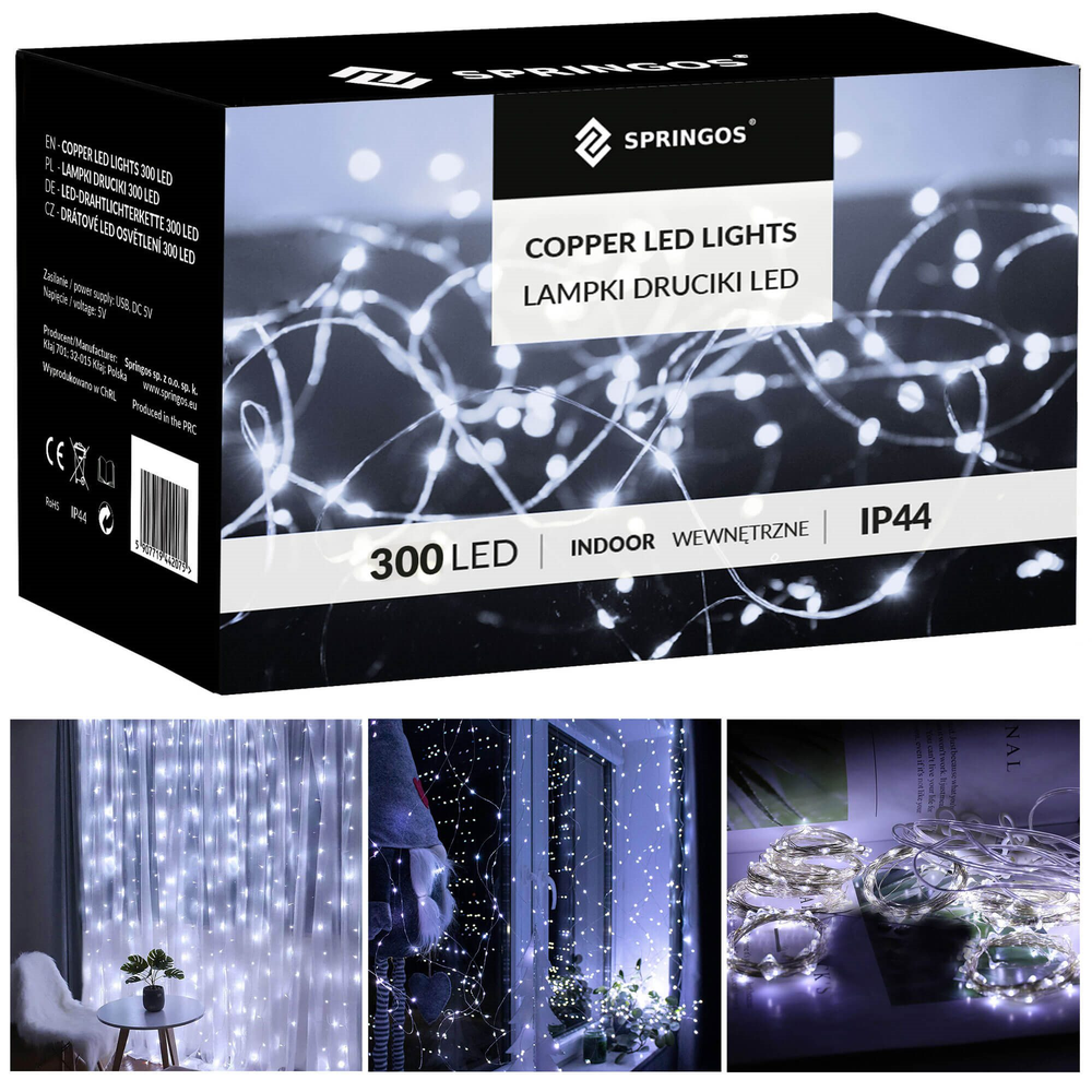 Kalėdinės užuolaidinės lemputės Springos 300 LED, 3x3 m, šaltai balta
