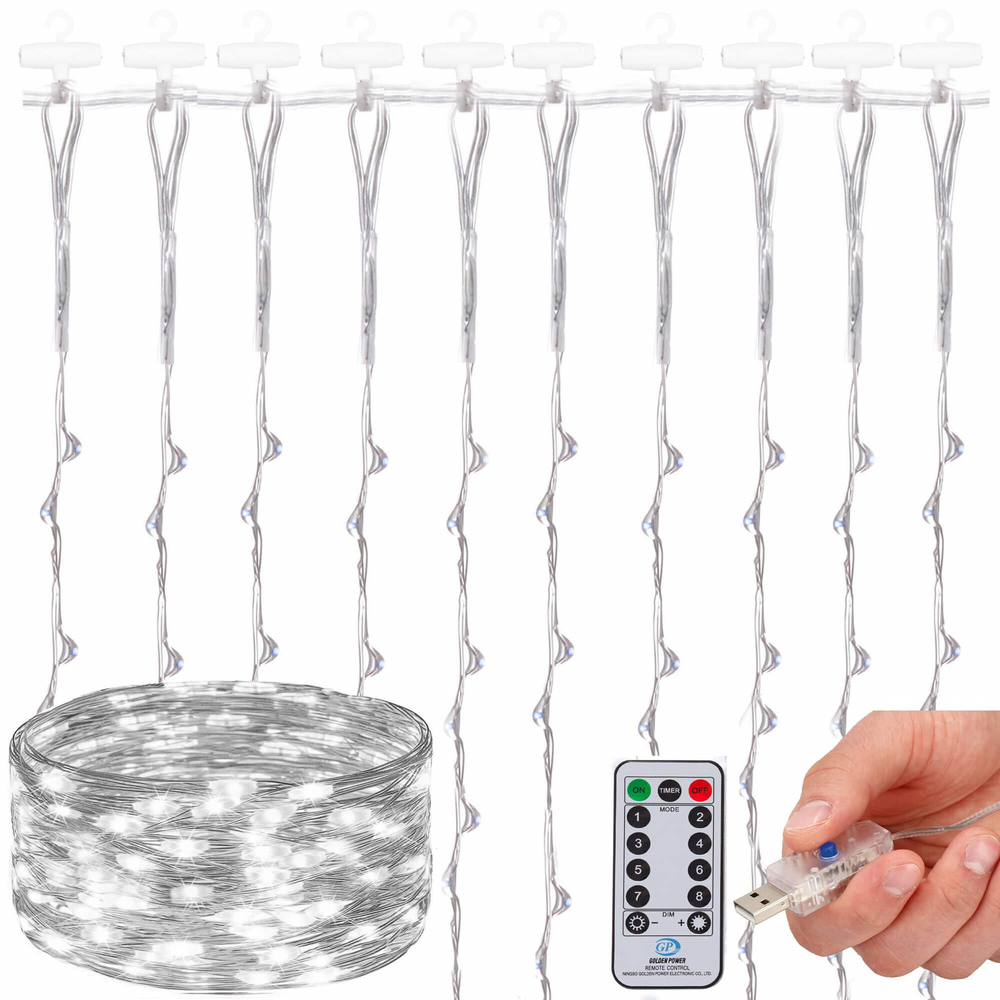 Kalėdinės užuolaidinės lemputės Springos 300 LED, 3x3 m, šaltai balta