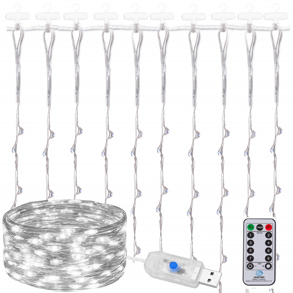 Kalėdinės užuolaidinės lemputės Springos 300 LED, 3x3 m, šaltai balta